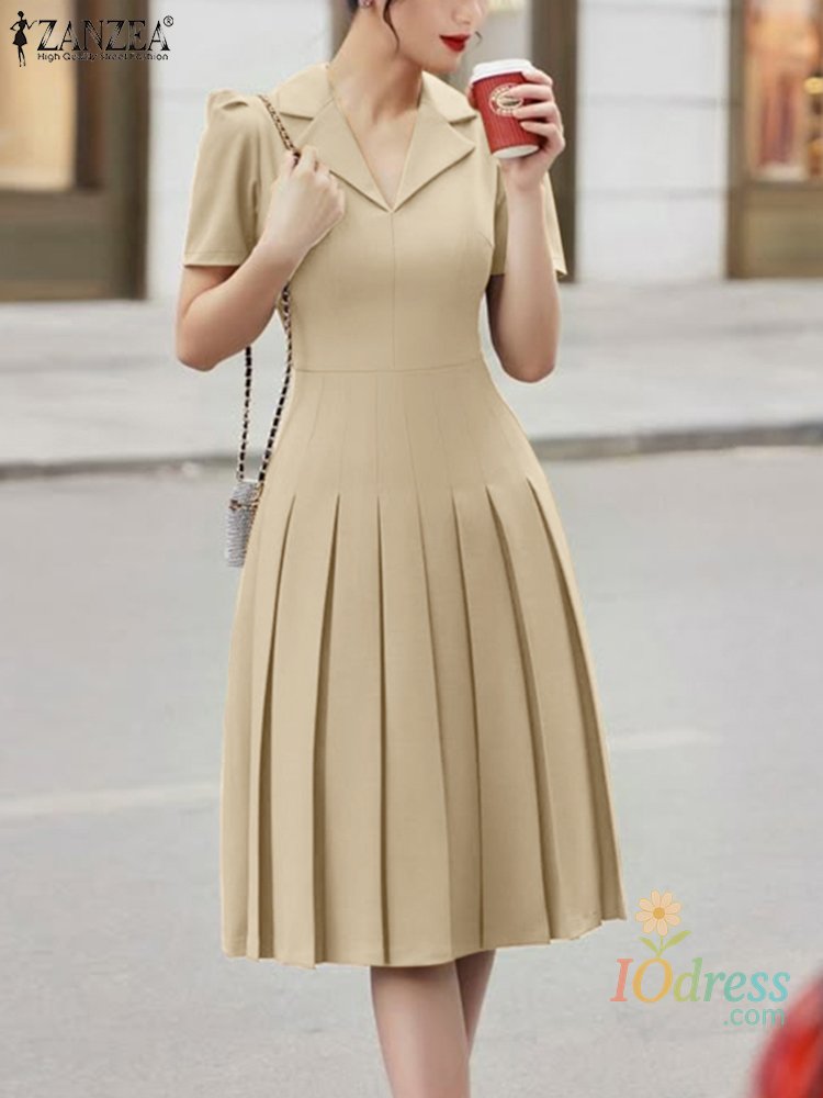 IO Dress Shop Elegant OL A-line Midi Dresses Women's Fashion High Waist Lapel Neck Pleated Robes Femme Short Puff Sleeve Solid Vestidos IO Dress