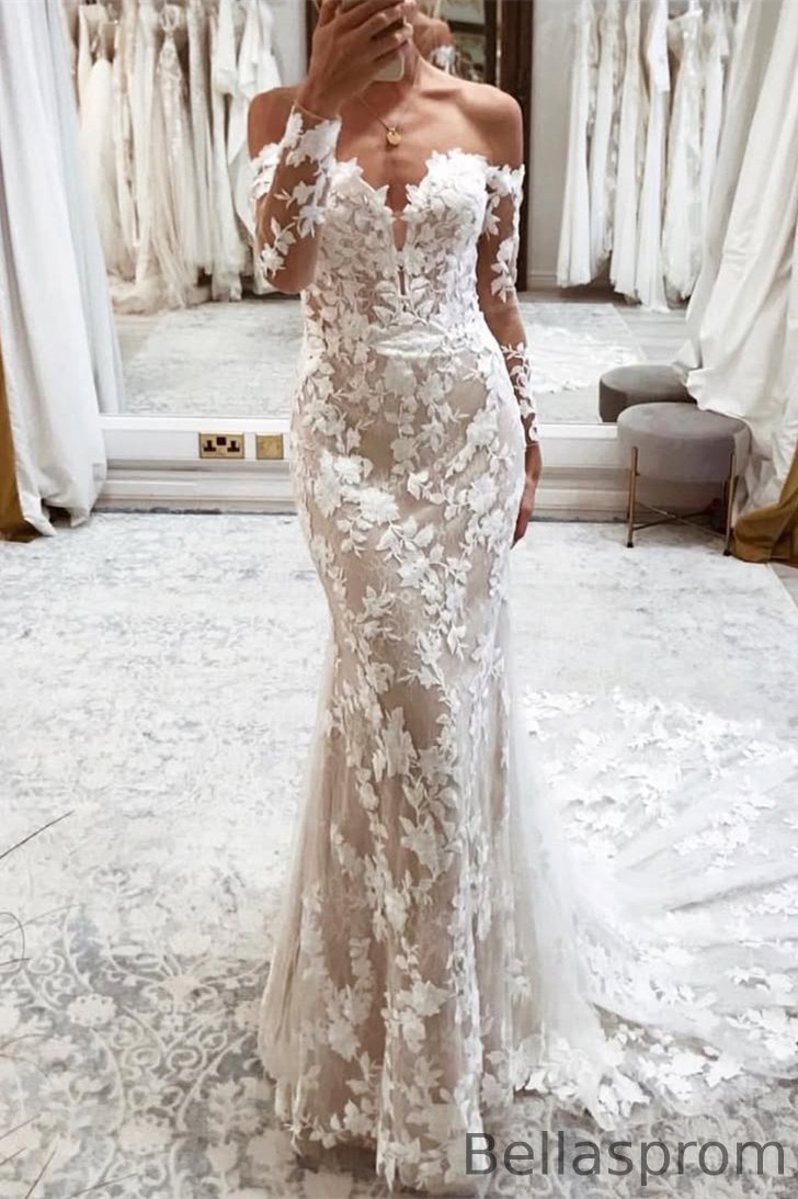 Bellasprom Long Sleeves Off-the-Shoulder Wedding Dress Mermaid Long With Lace Appliques Bellasprom