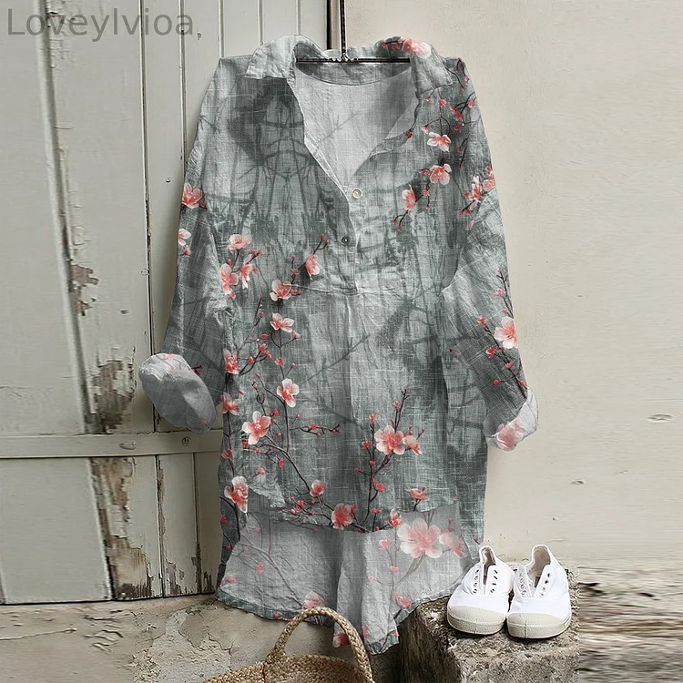 Japanese Cherry Blossom Print Long Sleeve Casual Shirt