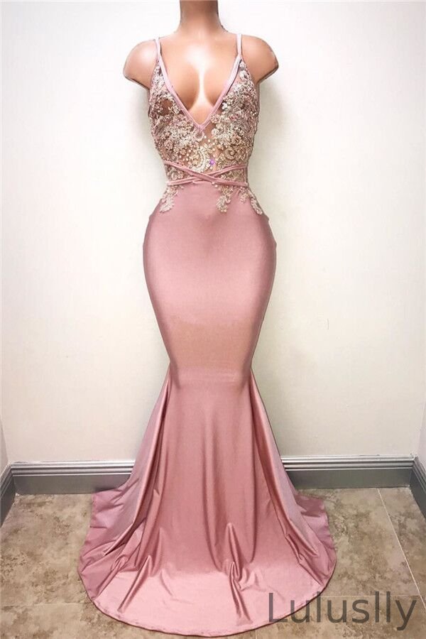 Luluslly Pink Spaghetti-Straps V-Neck Prom Dress Mermaid With Appliques