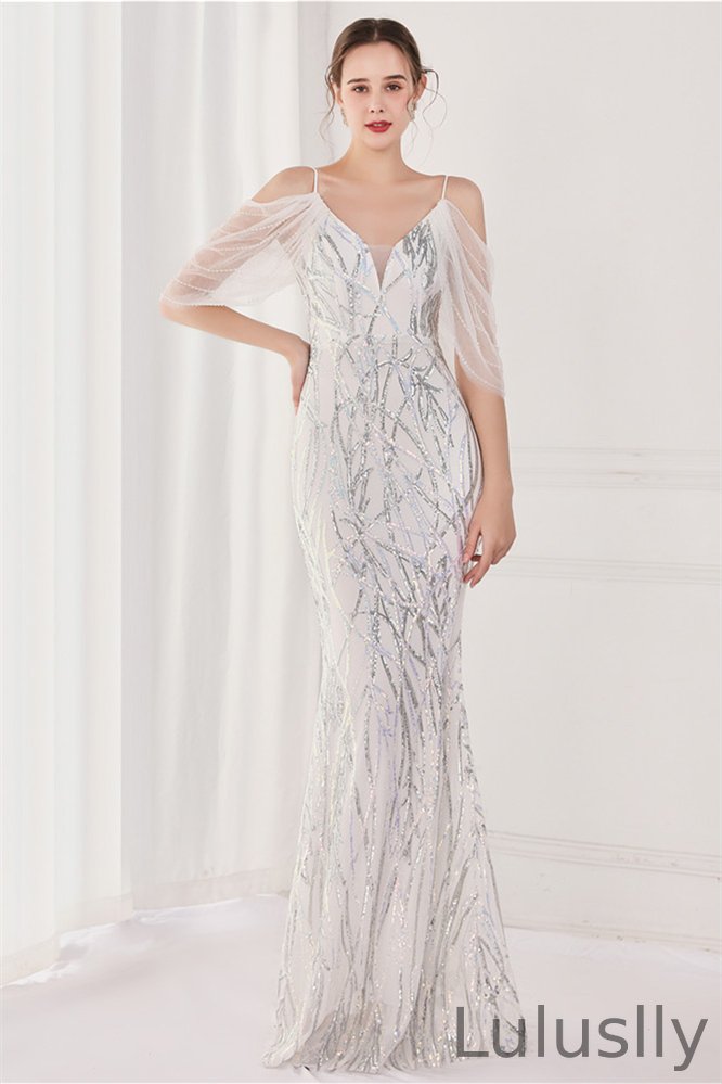 Luluslly Off-the-Shoulder Mermaid Evening Gown Sequins V-Neck Spagetti Straps YE0071