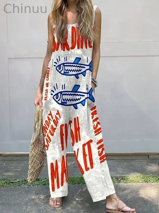 Women's Vintage Fish Sardines Art Print Casual 100% Cotton Wide Leg Jumpsuit