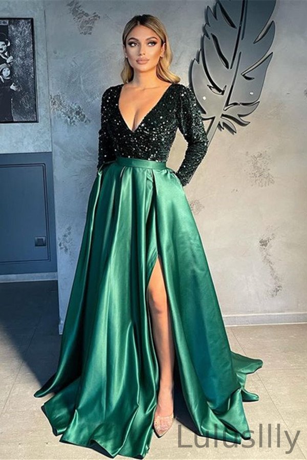 Gorgeous Long Sleeves V-Neck Prom Dress Sequins Party Gowns With Slit - lulusllly