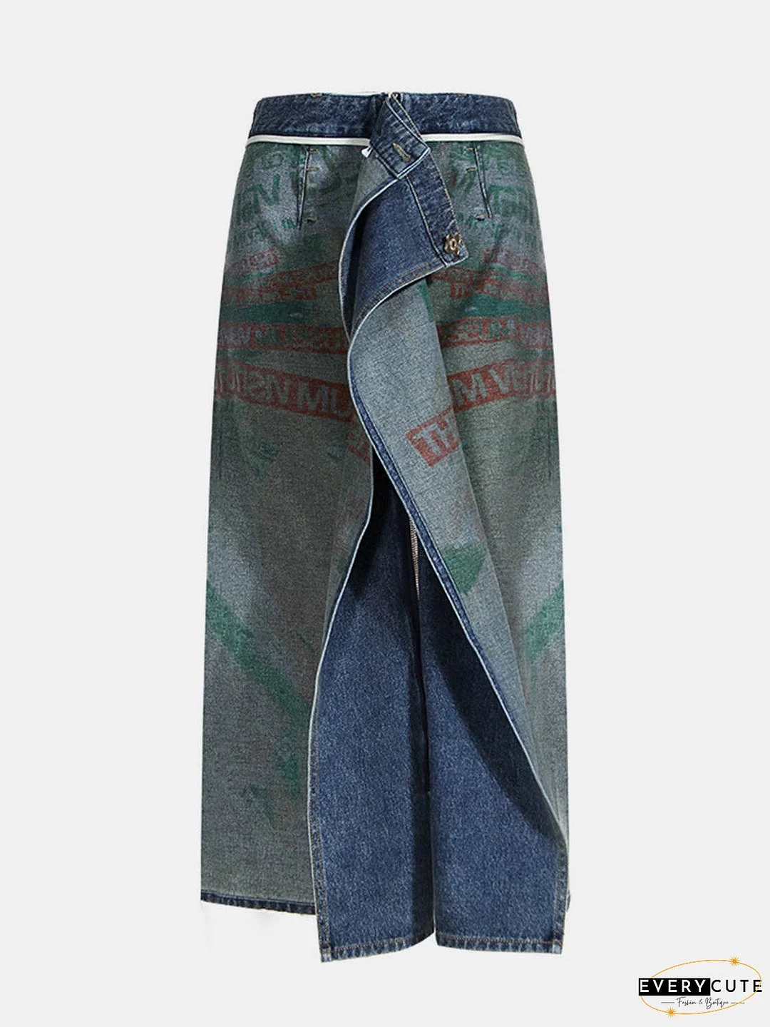 Reversible Slit Printed Midi Denim Skirt