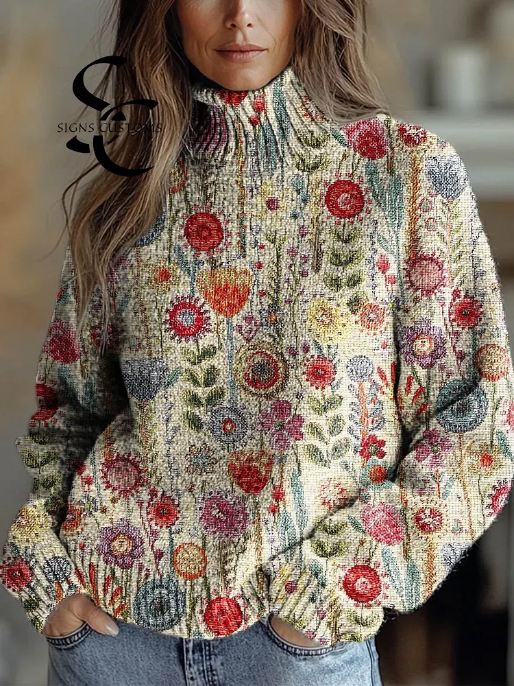 Women's Vintage Floral Art Print Knit Turtleneck Pullover Sweater