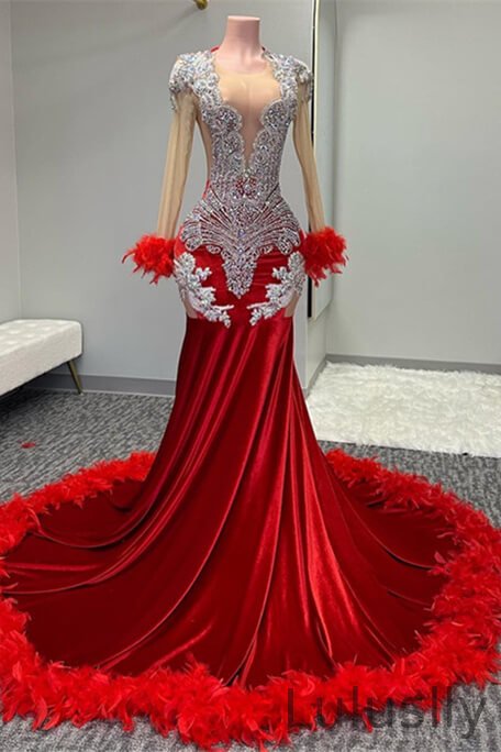Luluslly Red Scoop Long Sleeves Mermaid Prom Dresses With Beadings Feathers