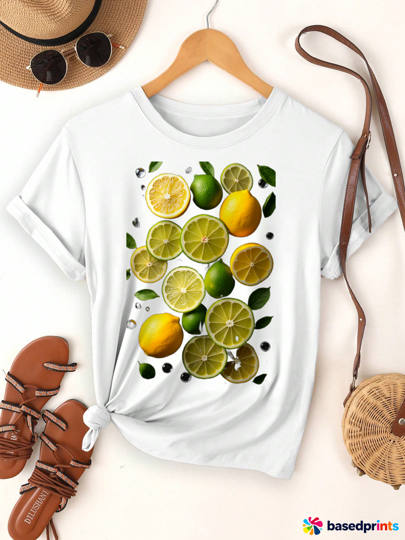 Summer Lemon and Lime Print T-Shirt Women's Casual Short-Sleeved Cotton T-Shirt