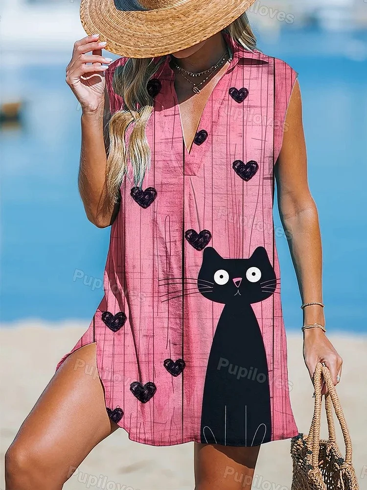 Pupiloves Pupiloves Love Hearts and Black Cats Women's Print Casual Cotton And Linen 3/4 Sleeve Shirt