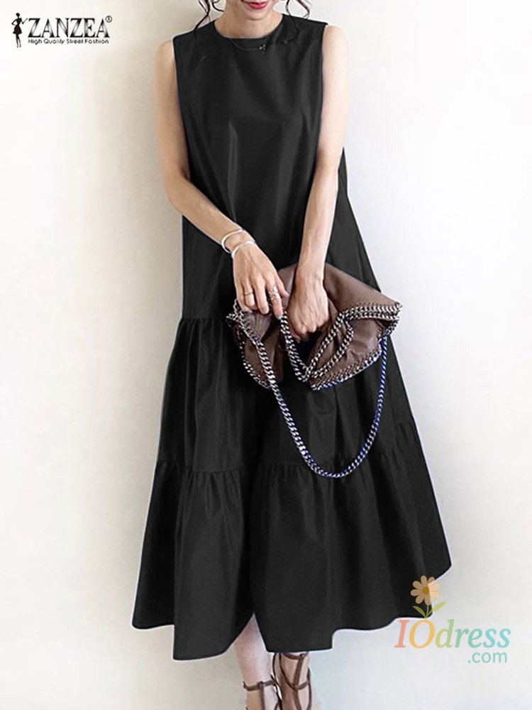 IO Dress 2024 choice Summer Fashion Long Dress Women O Neck Sleeveless Maxi Vestido Elegant Ruffles Sundress Solid Party Robe Femme