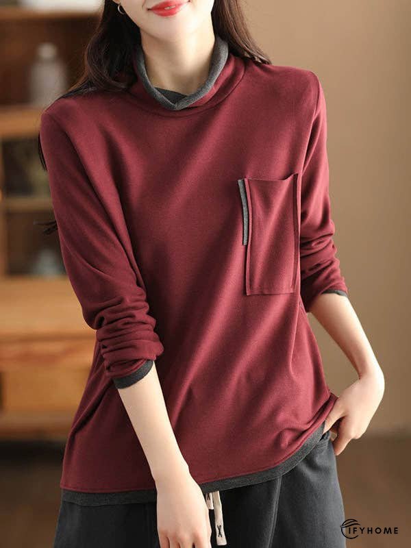 False Two Long Sleeves Contrast Color Pockets High Neck T-Shirts Tops | IFYHOME