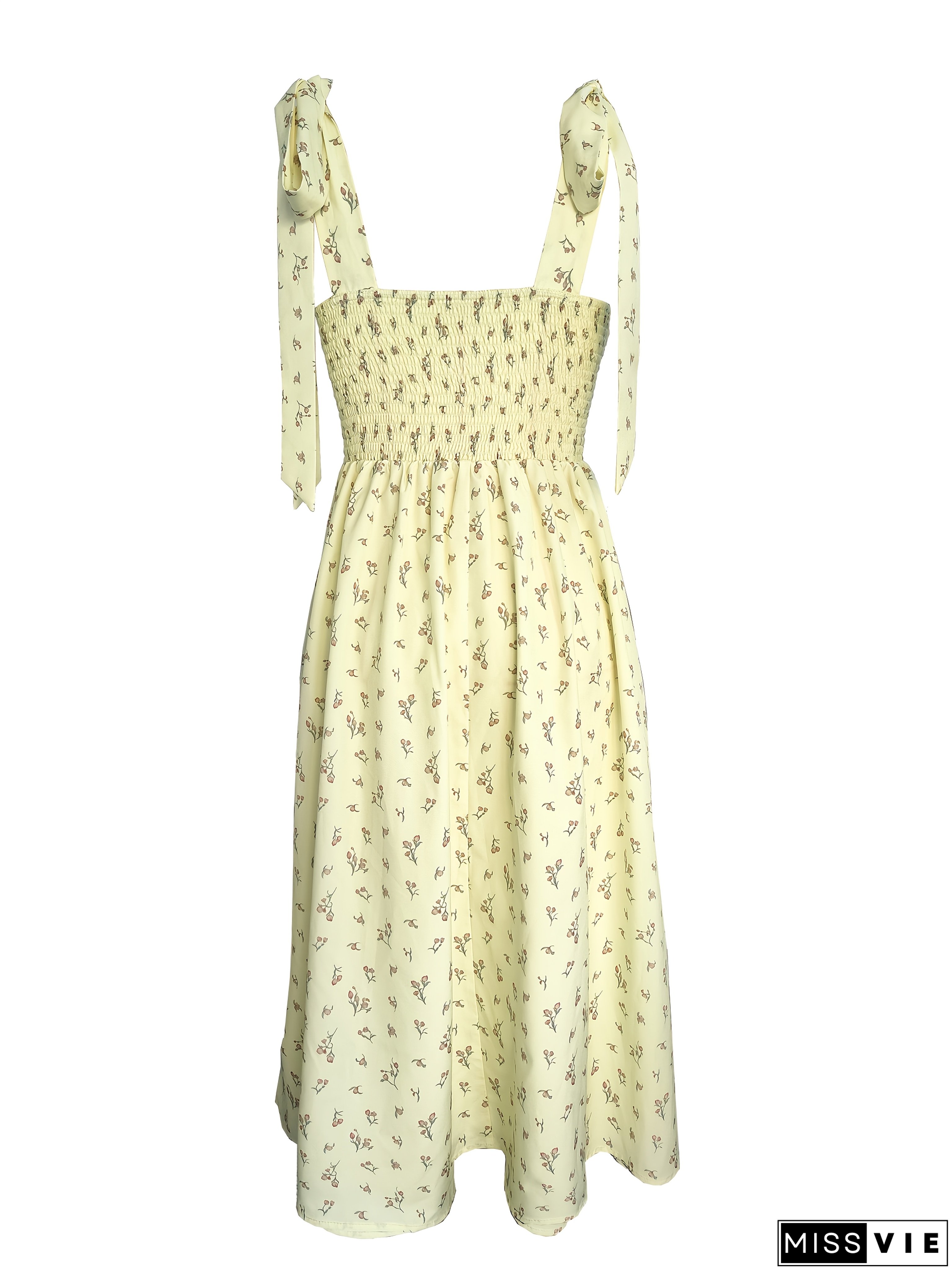 [Elegant Midi Dress] Elegant Off-Shoulder Floral Midi Dress | A-Line Silhouette, Flowing Fabric, Tie-Back And Side Slit, Perfect For Casual Or Vacation Wear