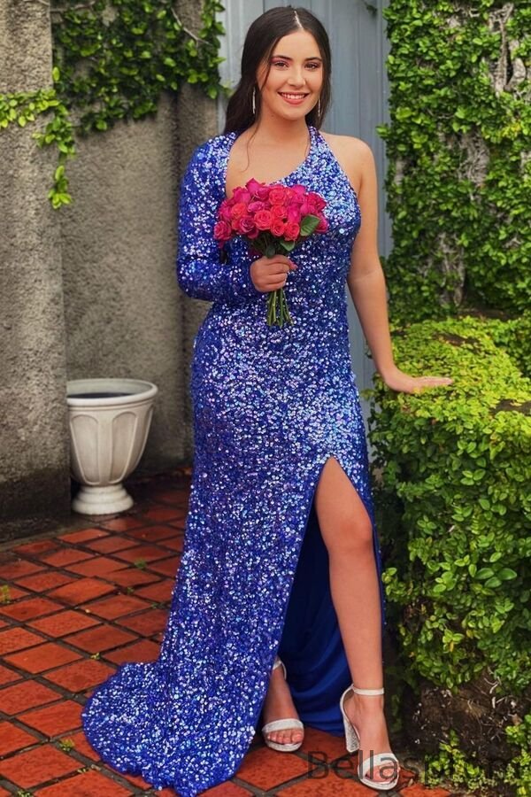 Bellasprom One Shoulder Long Sleeves Prom Dress Sequins Mermaid Slit Blue Bellasprom