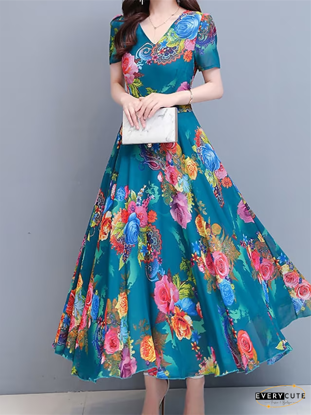 Women's Long Dress Maxi Dress Casual Dress Print Dress Floral Casual Daily Vacation Weekend Ruched Print Short Sleeve V Neck Dress Regular Fit Black Red Blue Spring Summer M L XL XXL 3XL