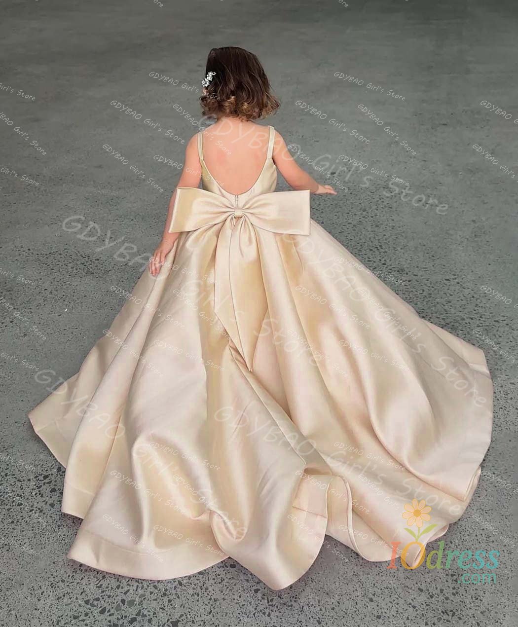 IO Dress Pink Flower Girl Dresses for Wedding With Bow Backless Brush Train First Communion Frock Custom Pleated Satin Pageant Party Gown