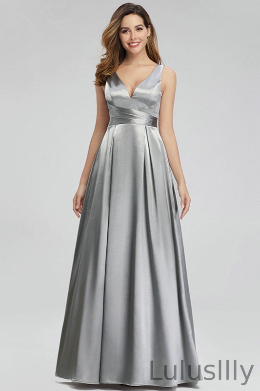 Silver Grey Sleeveless Long Satin Evening Prom Dress Online - lulusllly