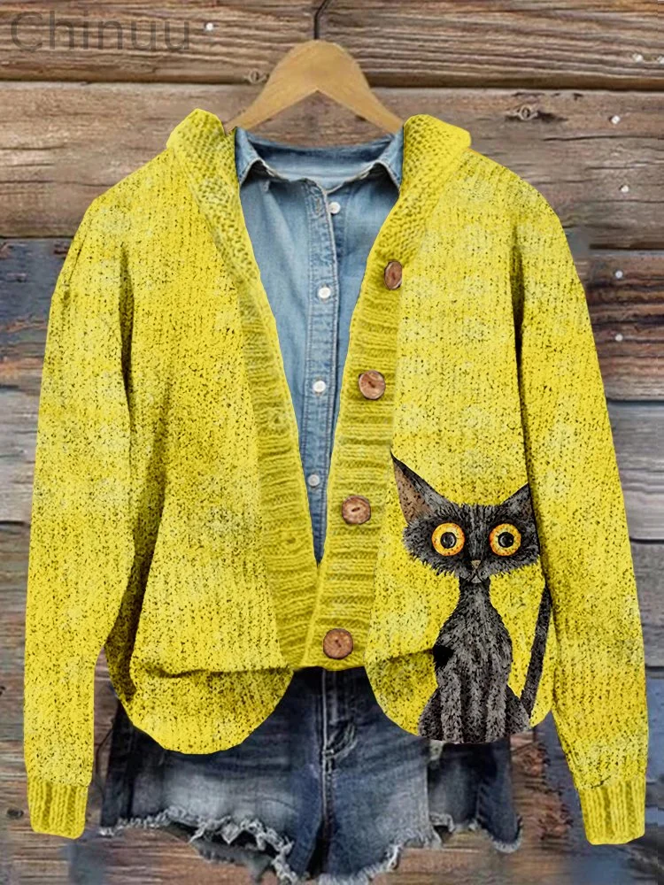 Lovely Black Cat Pattern Vintage Cozy Cardigan