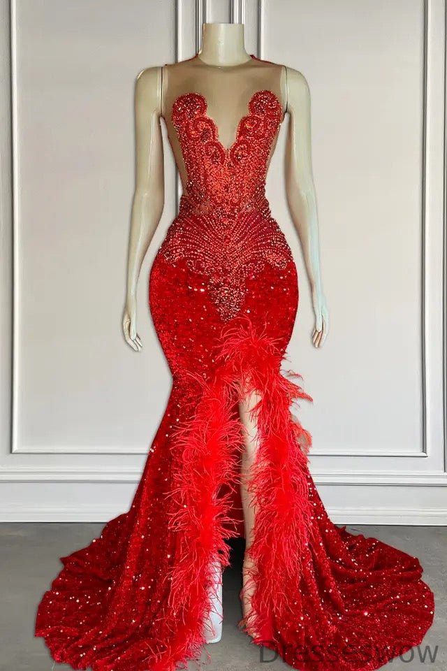 Dresseswow Red Sequins Mermaid Evening Dress Split Sleeveless With Beadings Feather