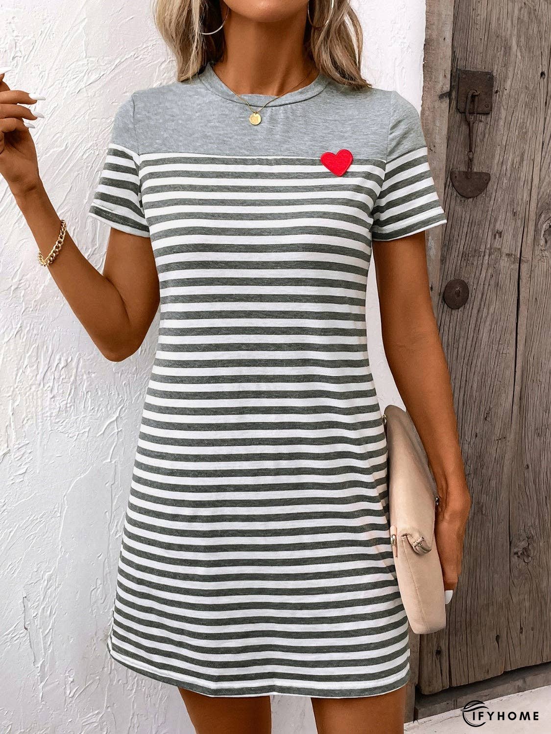 Striped Round Neck Short Sleeve Mini Dress | IFYHOME