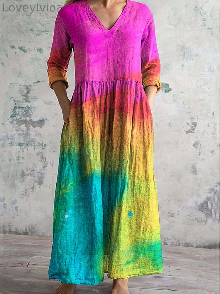 Women's V-Neck Rainbow Gradient Pattern Dress with Pockets