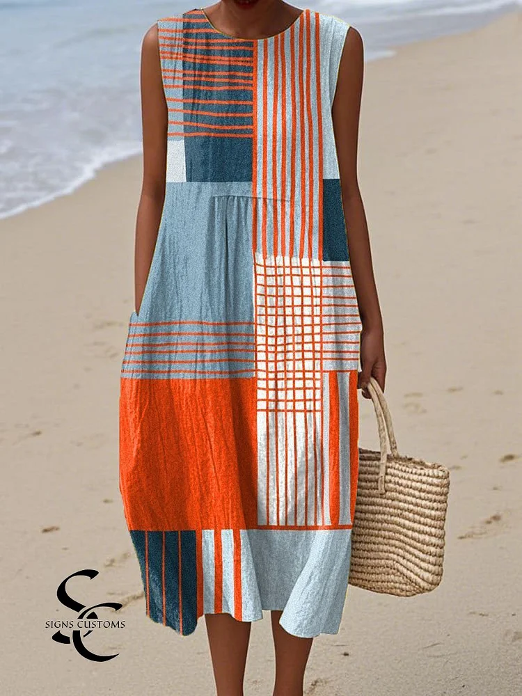 Women's Geometric Pattern Art Print Sleeveless Cotton Pocket Wrap Dress
