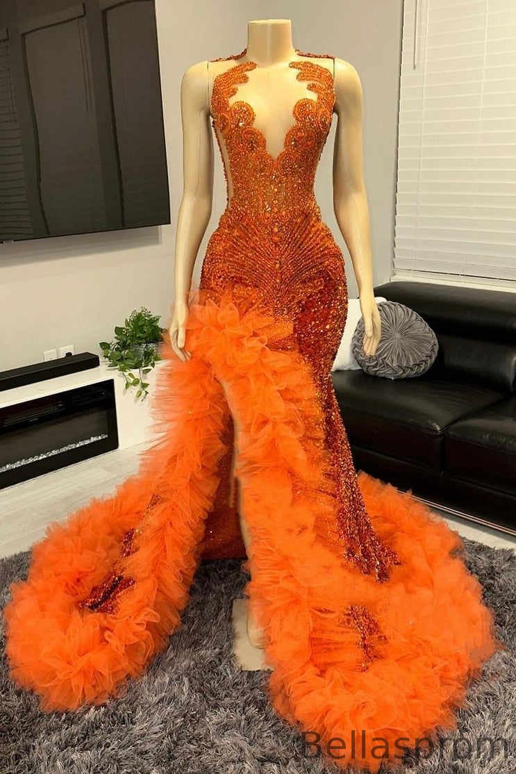 Bellasprom Orange Sleeveless Slit Prom Dress Mermaid Long With Sequins Beadings Ruffles Bellasprom