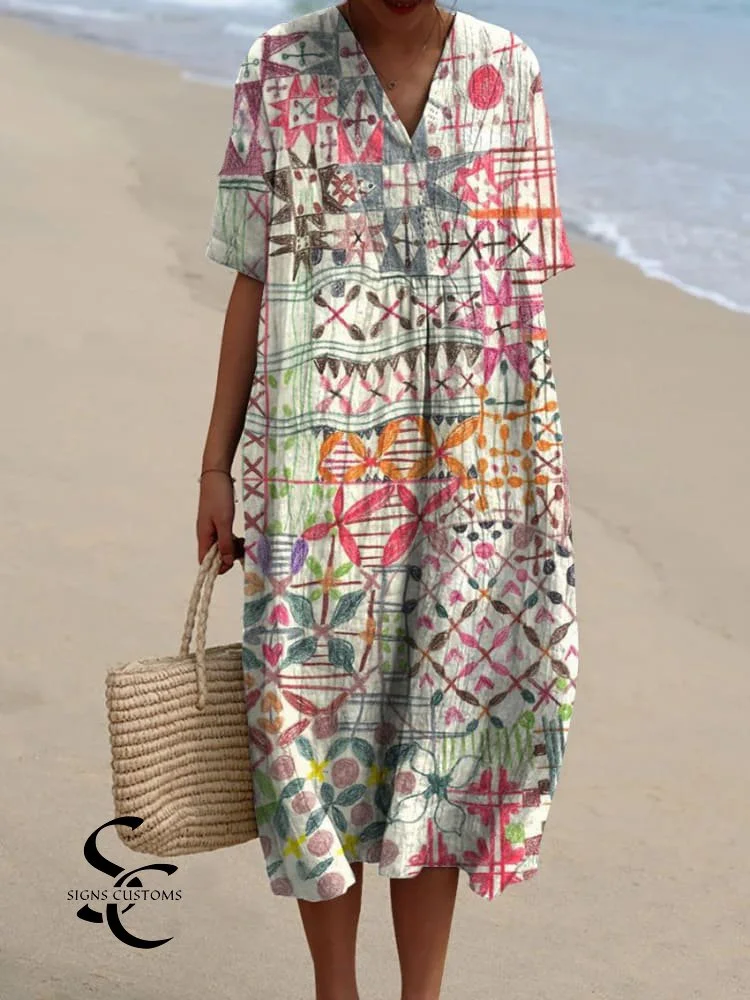 Women's Vintage Abstract Painting Art Print Flowy Dress
