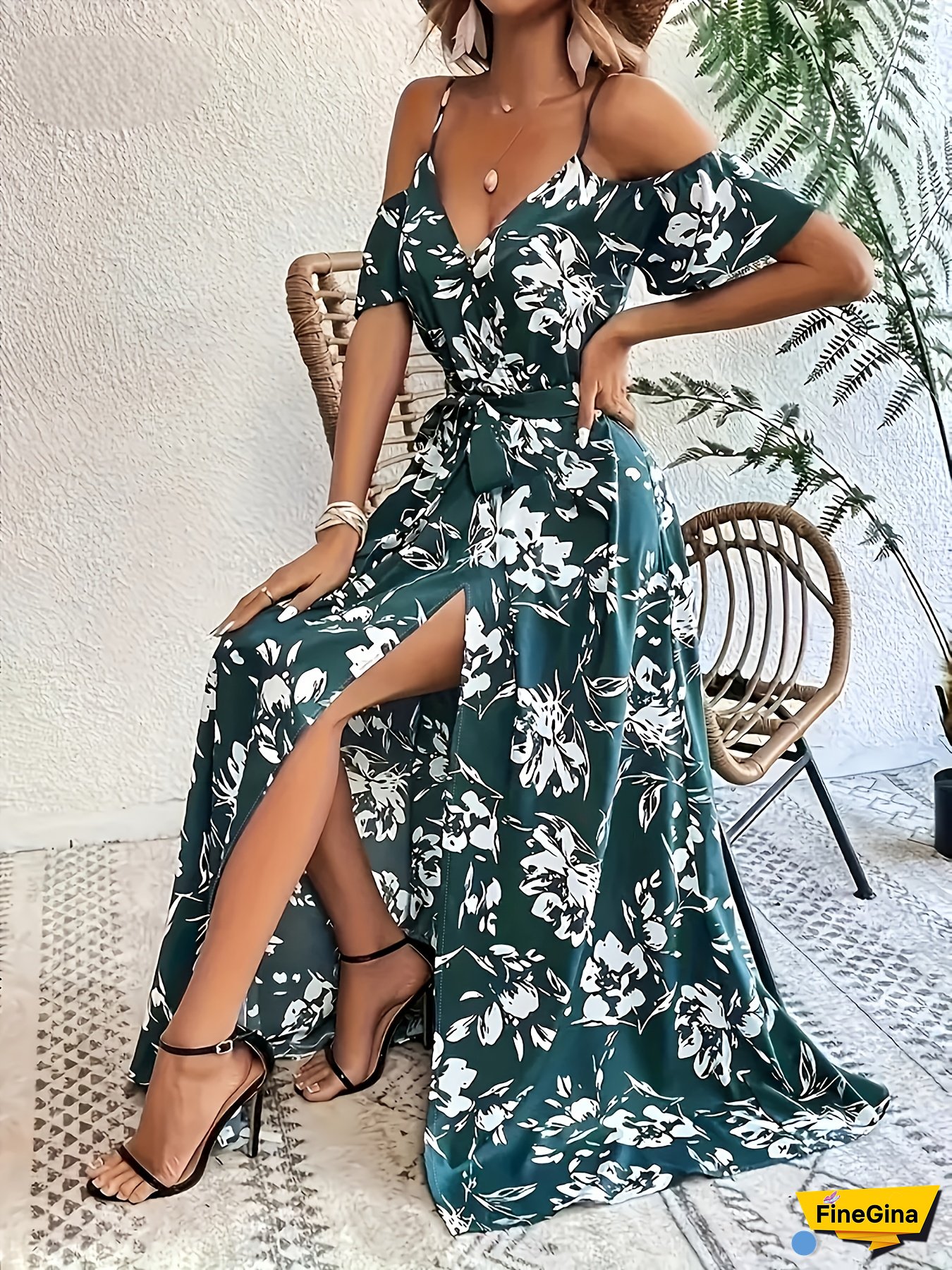 [Elegant Maxi Dress] Elegant Off-Shoulder Floral Print Maxi Dress | Women's, Sleeveless, Ruched Waist, High-Low Hem, Green & White, Perfect For Spring/Summer, Adult, Casual To Formal Wear