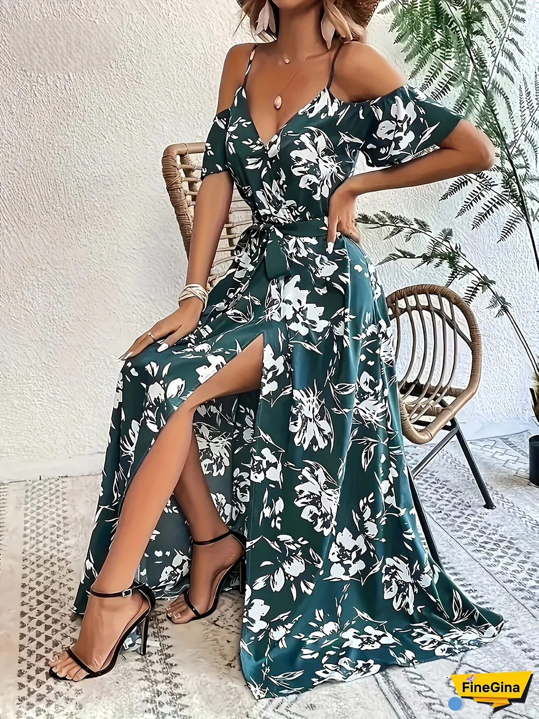 [Elegant Maxi Dress] Elegant Off-Shoulder Floral Print Maxi Dress | Women's, Sleeveless, Ruched Waist, High-Low Hem, Green & White, Perfect For Spring/Summer, Adult, Casual To Formal Wear