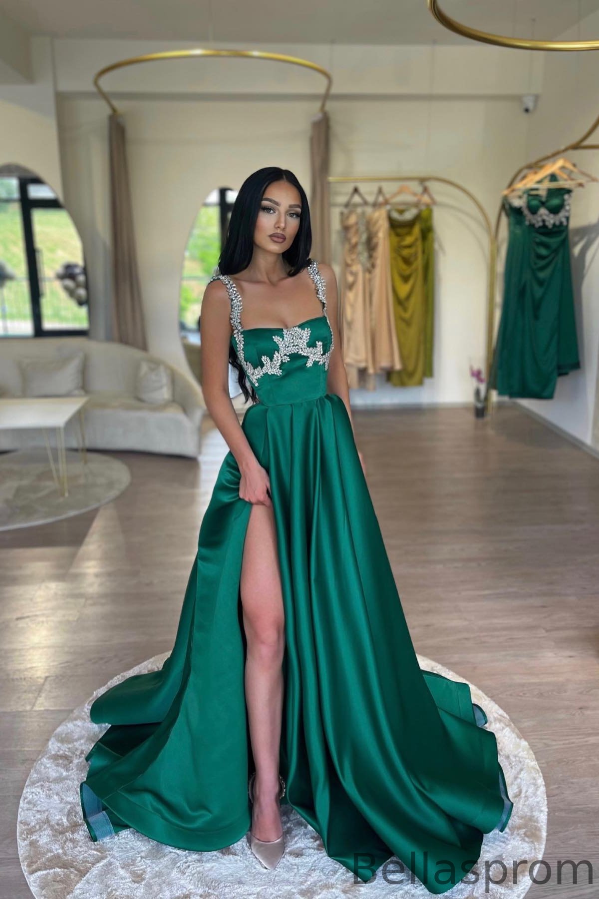 Bellasprom Dark Green Sleeveless A-line Prom Dress Crystals With Split Bellasprom