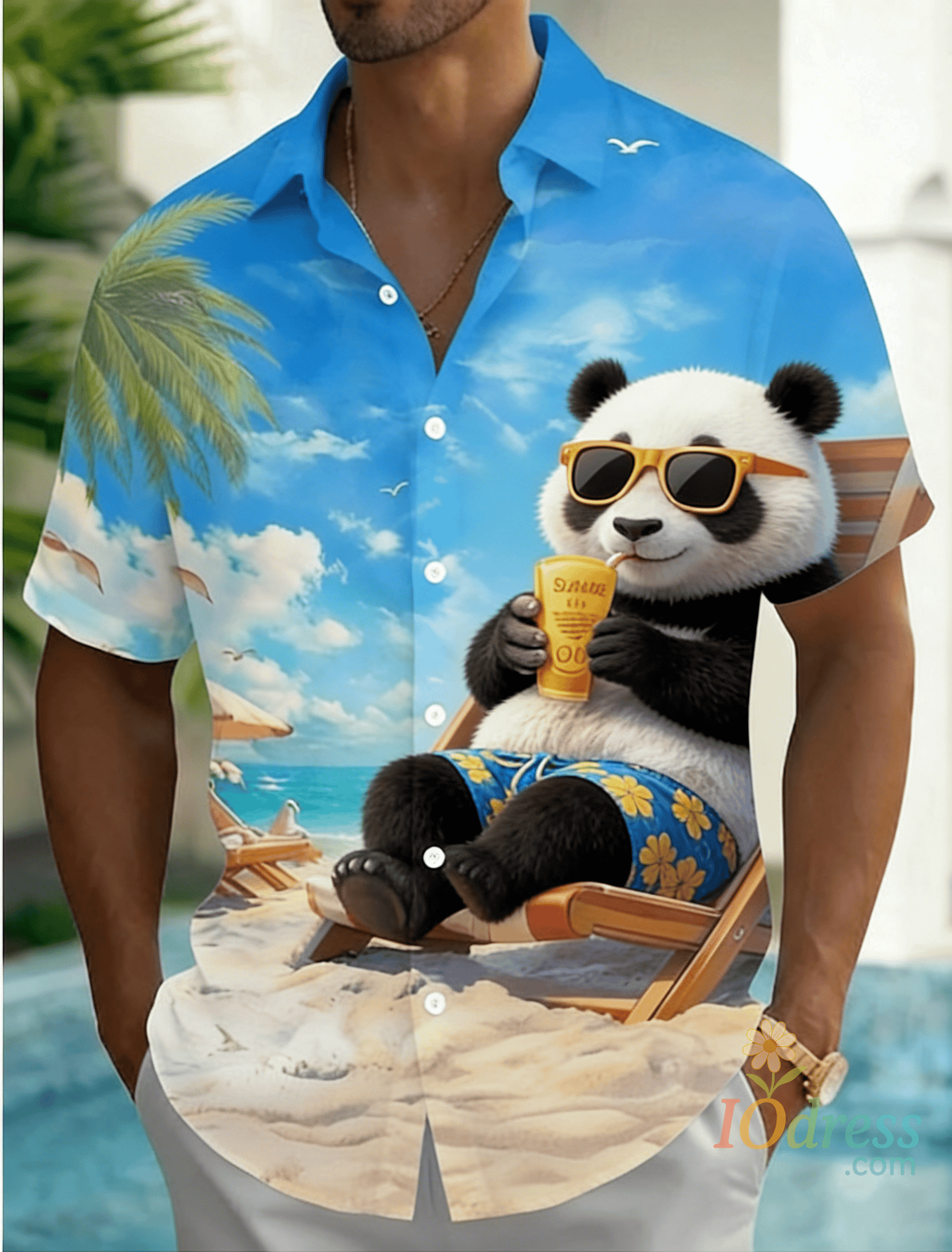 IO Menswear Men's Beach Vacation Cartoon Print Short Sleeve Shirt, Spring Summer Fun Hawaiian Vacation Blouse, Loose Casual Top