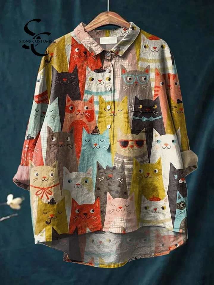 Vintage Lovely Cats Art Print Casual Cotton And Linen Shirt