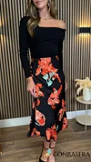 Amara Black & Red Floral Print Midi Skirt