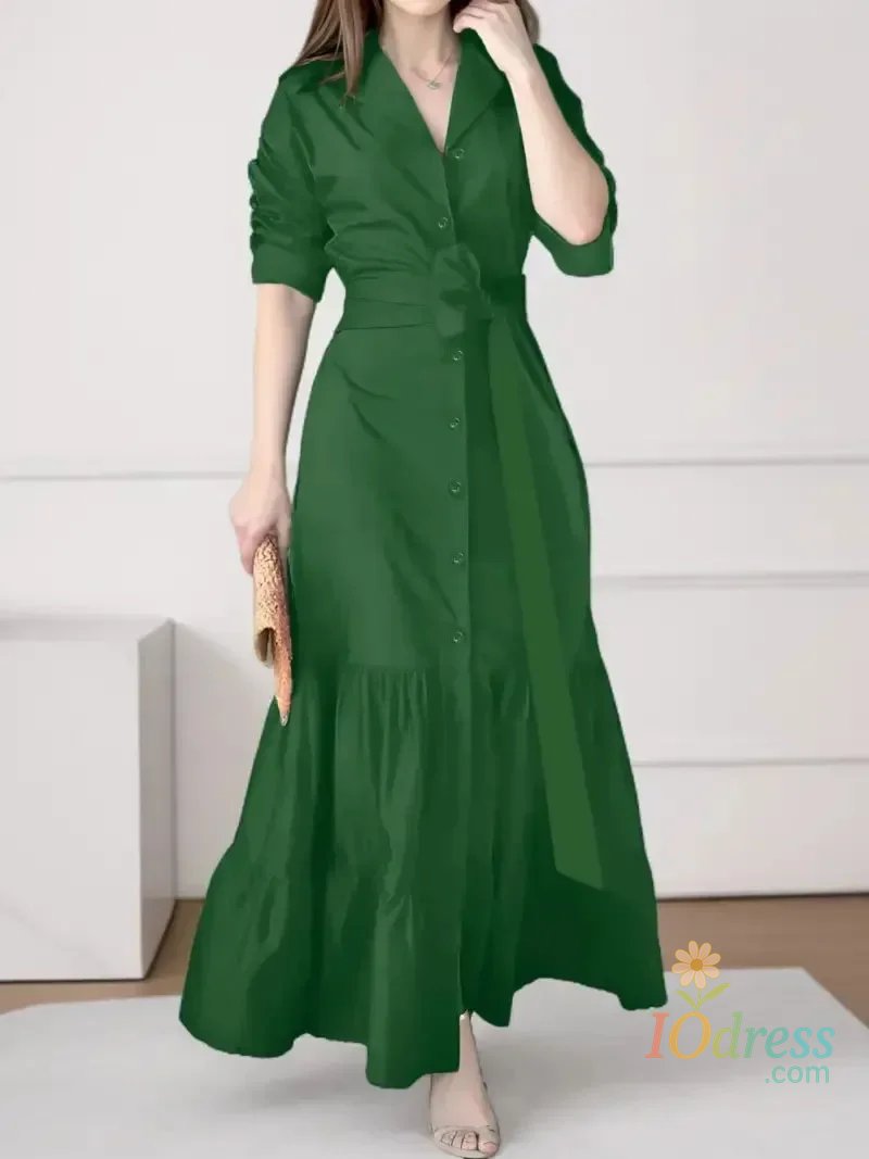 IO Dress Elegant Women's Dress 2025 Summer Fashion Temperament Solid Long-sleeved Shirt Dress Boho Style Waist Lace-up Maxi Dresses Femme IO Dress