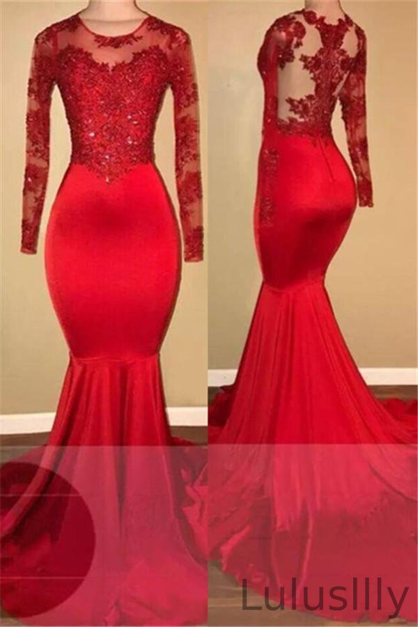 Red Long Sleeves Prom Dress Mermaid With Lace Appliques - lulusllly