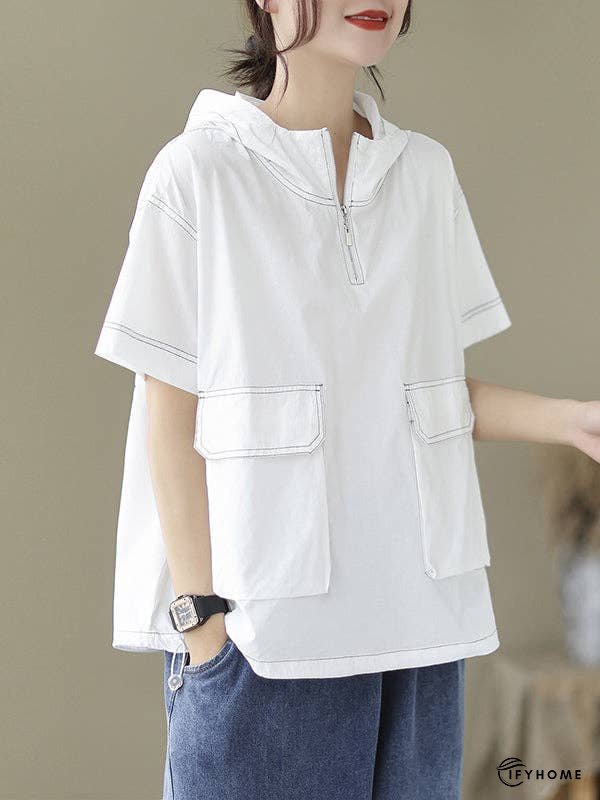 Loose Short Sleeves Zipper Hooded T-Shirts Tops | IFYHOME