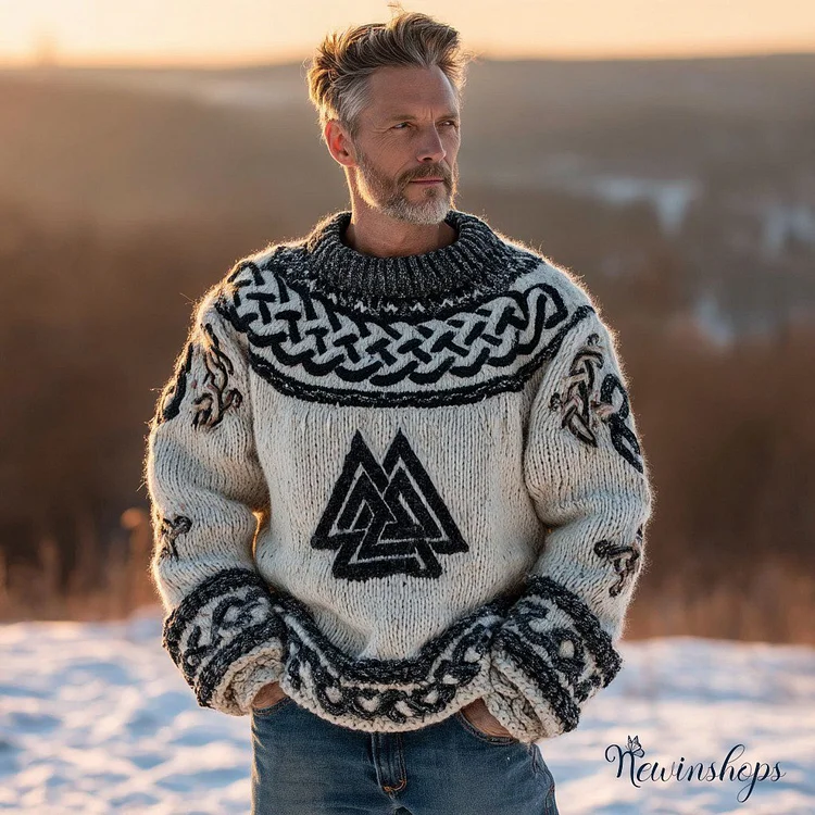 Men's Vintage Viking Celtic Knot Rune Knit Jacquard Warm Crew Neck Sweater
