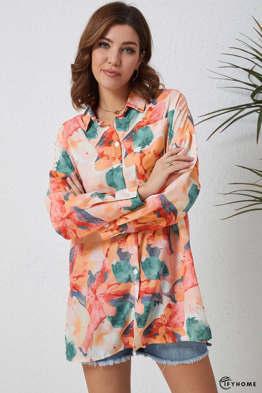 Floral Long Sleeve Slit Longline Shirt | IFYHOME