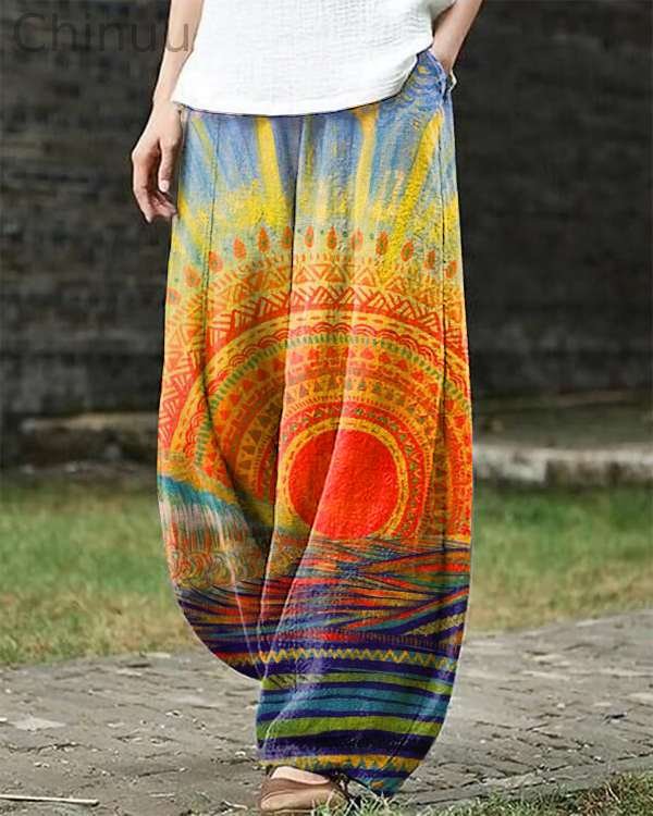 Vintage Art Print Hippie Casual Pants