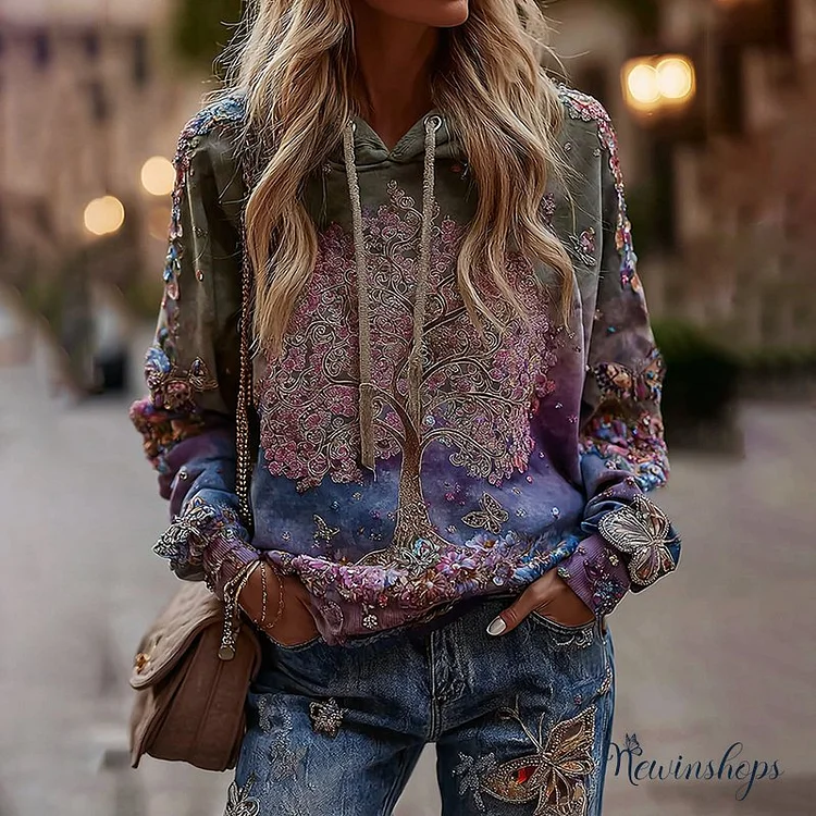 Women's Gradient Life Of Tree Embroidery Art Cozy Hooded