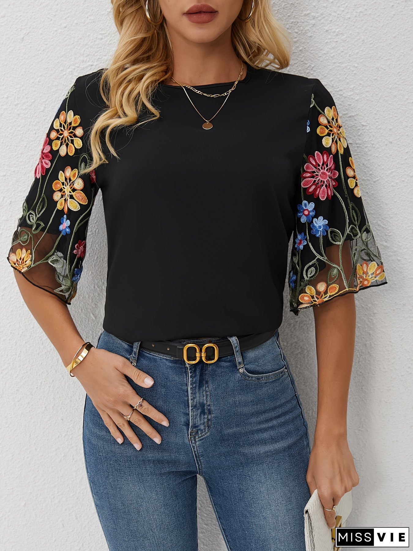 [Vibrant Blouse] Vibrant Floral Women's Short Sleeve Blouse | Round Neck, Breathable, Sheer Mesh Sleeves, Machine Washable, Regular Fit for Casual Outings
