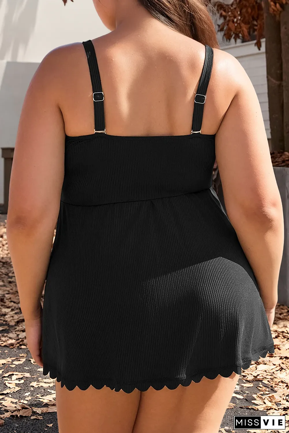Plus Size Textured Scalloped Trim Swim Dress with Panty
