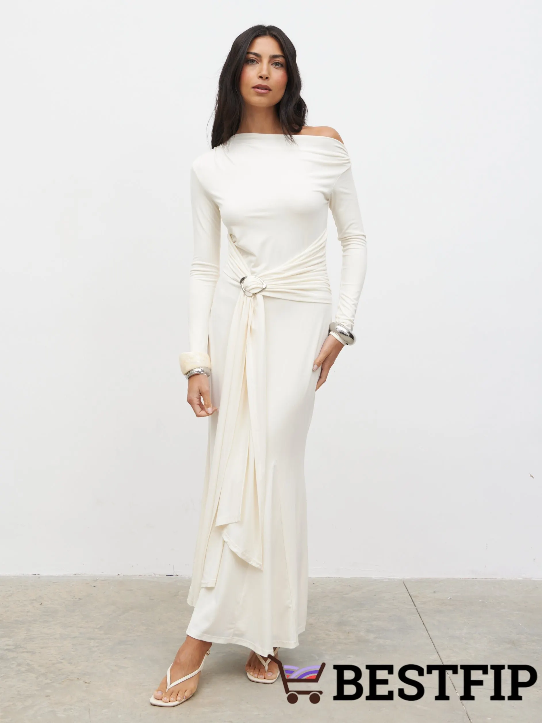 cream jersey dress ELENAREVA CREAM JERSEY CAPE DRESS
