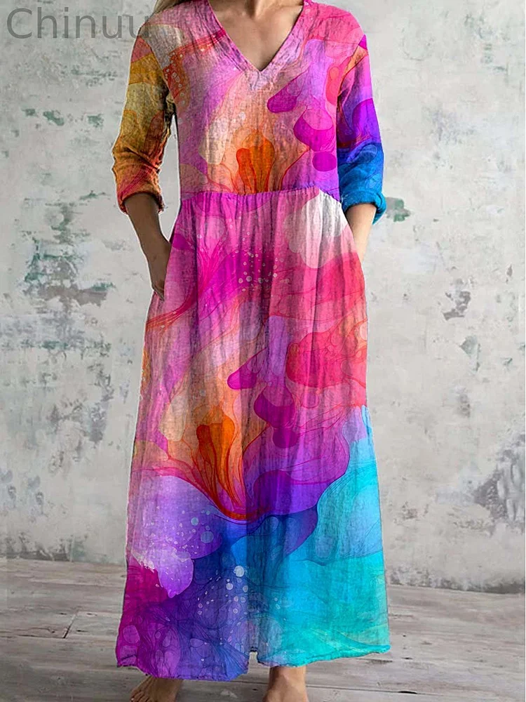 Women's V-neck Splash Art Cotton And Linen Dress With Pockets