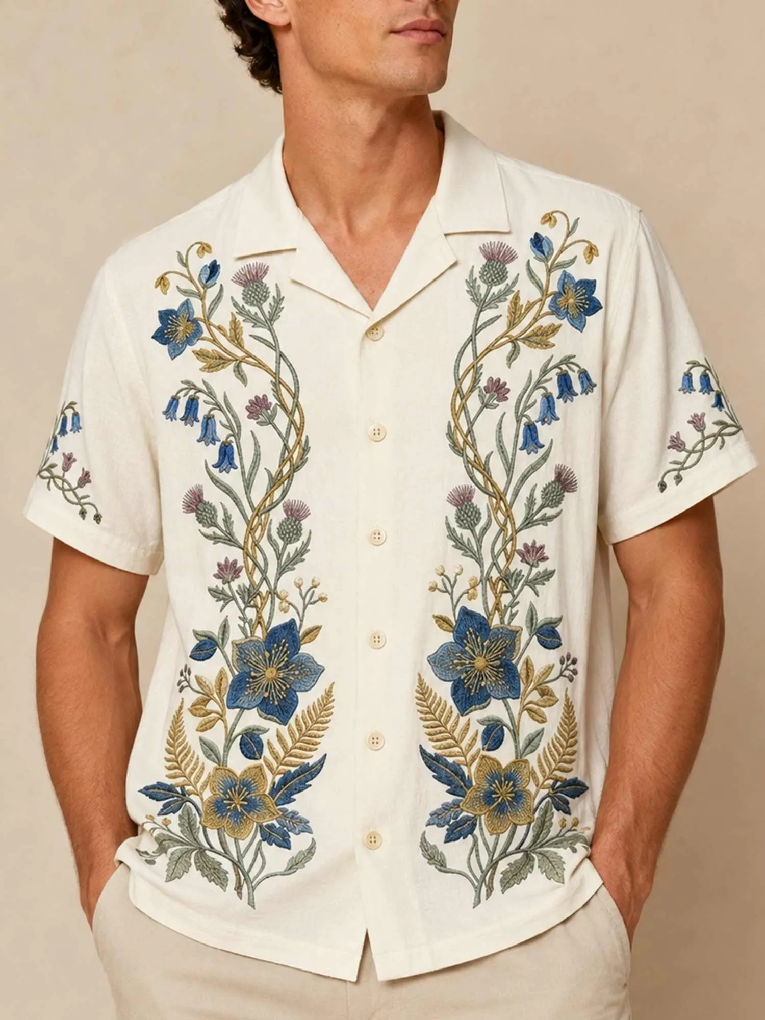 Perfect for a Desert Getaway &mdash; 2026 Spring/Summer Cream Floral Short Sleeve Button-Down Shirt