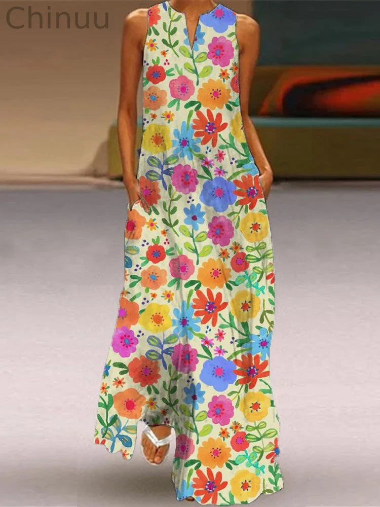 Vintage Floral Art Pattern Flowy Maxi Dress