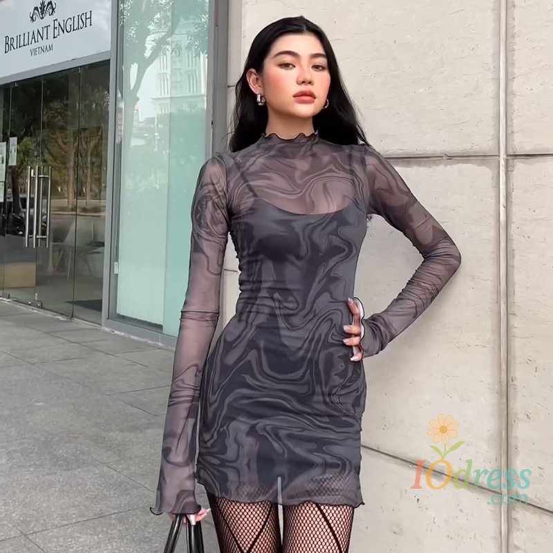 IO Dress Sexy Dress Women Two Piece Set Mesh See Through Slim Party Strap Mini Dress Fashion Casual Summer Elegant Clubwear Long Sleeves