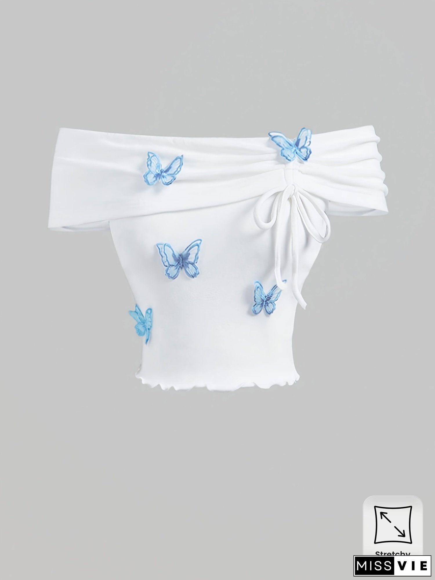 Women's Summer Stretch Slim Fit One-Shoulder Sleeveless T-Shirt with Adjustable Drawstring Waist & Butterfly Embellishments - Casual Chic Solid Color Top, Cute Shirts for Summer, Casual Attire, Ruched Design