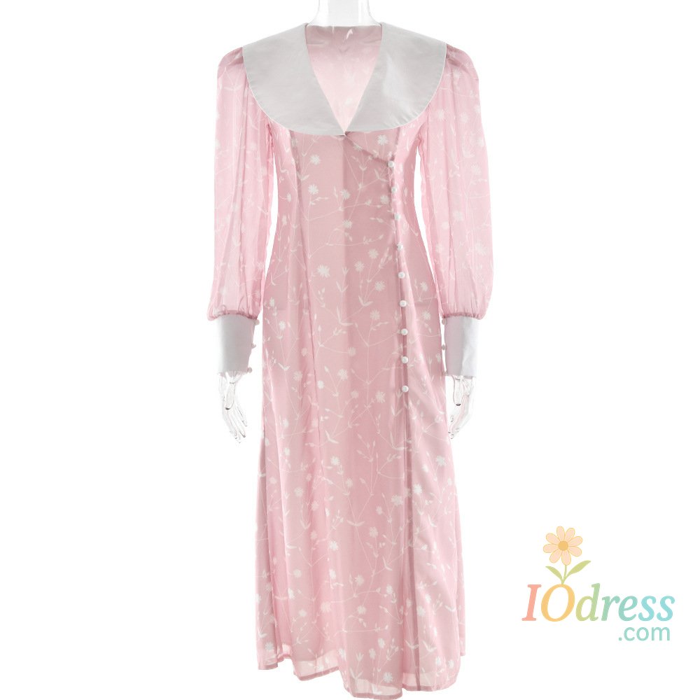IO Dress Apprabant Women's Lapel Chiffon Flowers Printed Maxi Dress Puff Sleeve Buttons Sexy High-Slit Slim Long Dress Elegant Partywear IO Dress