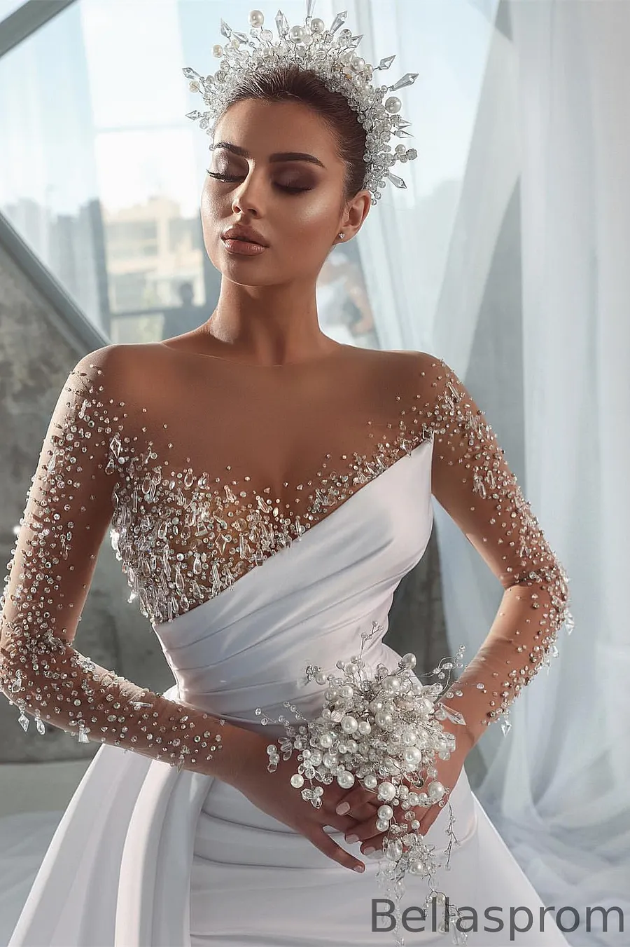 chinese dress ladies One Shoulder Mermaid Sleeveless Long Bridal Gowns with Overskirt, Diamond White / 2