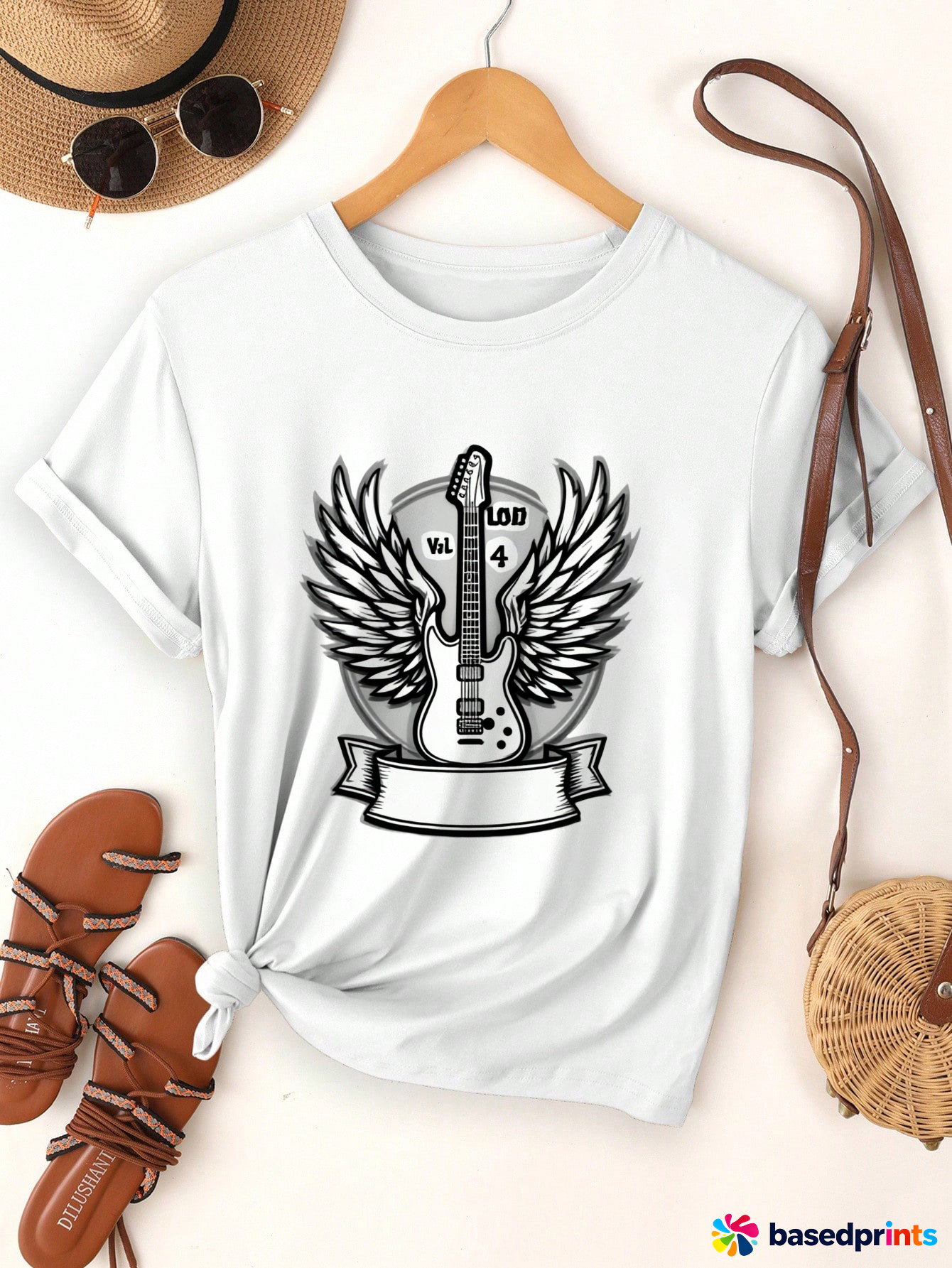 White T-Shirt with Guitar Wings Print